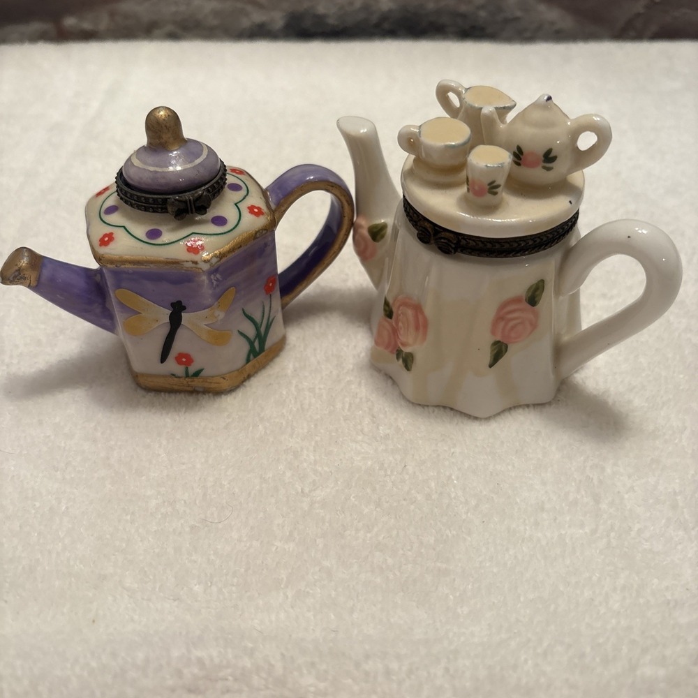 Set Of 2 Retro Vintage Hand Painted Porcelain Trinket Box Tea Pots